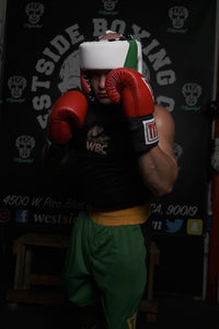 variant:Blank White/Green/Red::TITLE Boxing USA Boxing Competition Headgear - With Cheeks boxing pose
