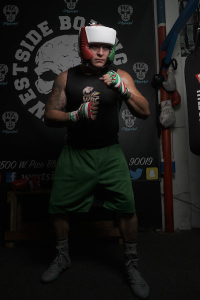 variant:Blank White/Green/Red::TITLE Boxing USA Boxing Competition Headgear - With Cheeks boxing stance