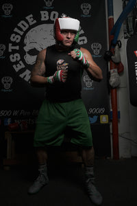 variant:Blank White/Green/Red::TITLE Boxing USA Boxing Competition Headgear - With Cheeks boxing stance