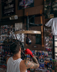 variant:lifestyle::TITLE Boxing adjustable speed bag platform guy hitting speed bag back view