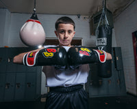 variant:Black/White/Red::BOOM BOOM Boxing Silencer Youth Bag Gloves hands together