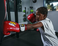 variant:Red/Black/White::BOOM BOOM Boxing Silencer youth bag gloves full on hit on bag