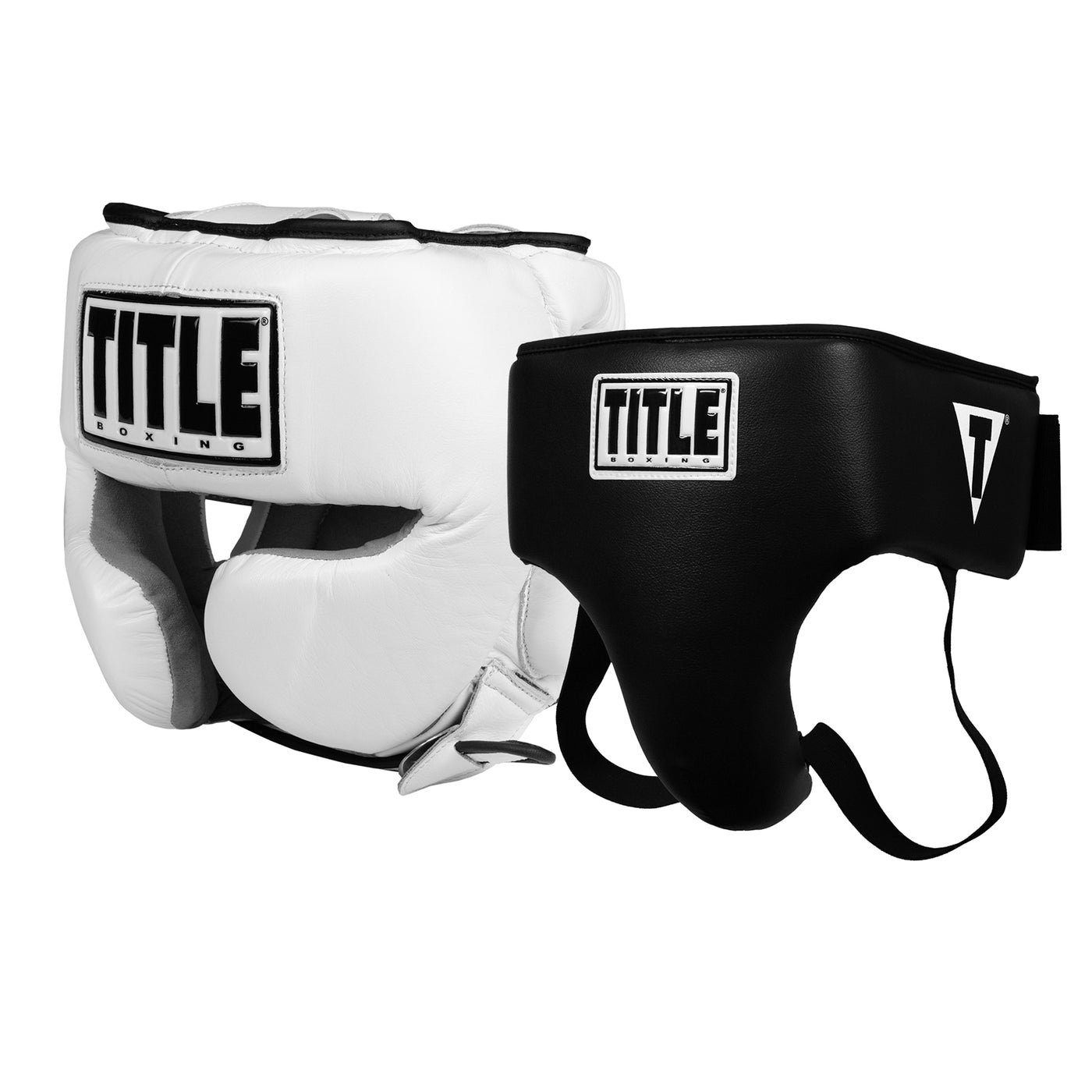 color:white::TITLE Boxing Headgear and Groin Protector Bundle black main view