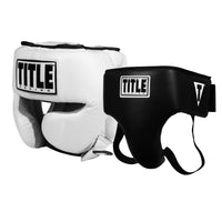 color:white::TITLE Boxing Headgear and Groin Protector Bundle black main view