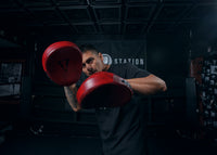 variant:lifestyle::TITLE Boxing Blood Red Leather Punch MItts mitt up