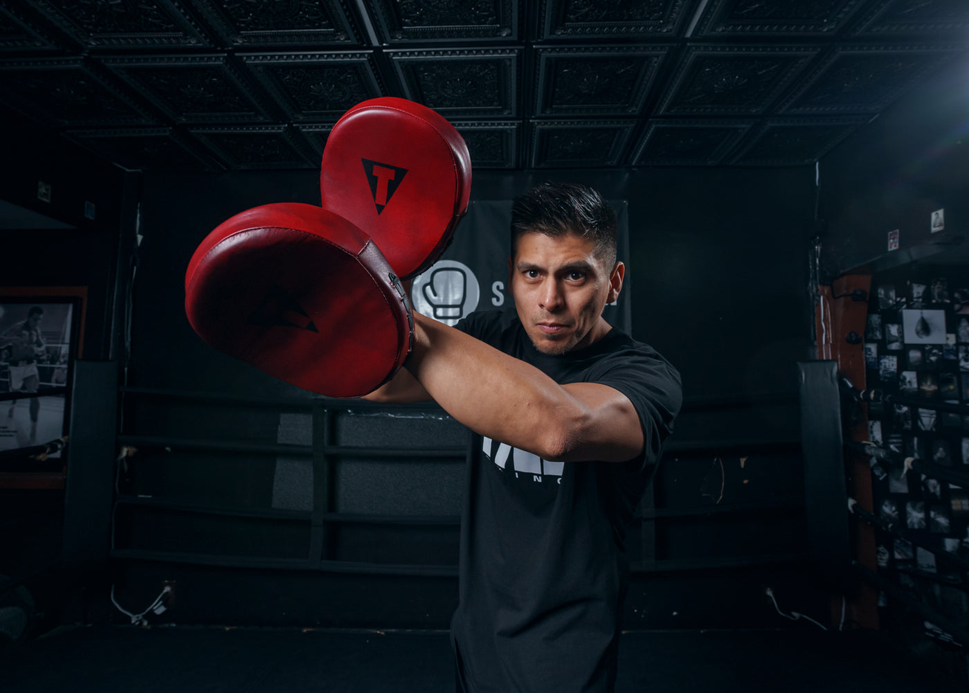 variant:lifestyle::TITLE Boxing Blood Red Leather Punch MItts trainer mitts cross