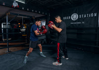 variant:lifestyle::TITLE Boxing Blood Red Leather Punch MItts coach with mitts