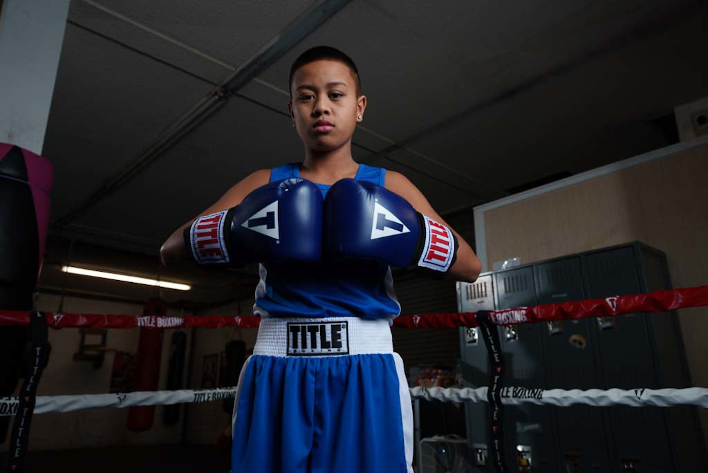 variant:blue::TITLE Classic USA Boxing Competition Gloves  hands together 