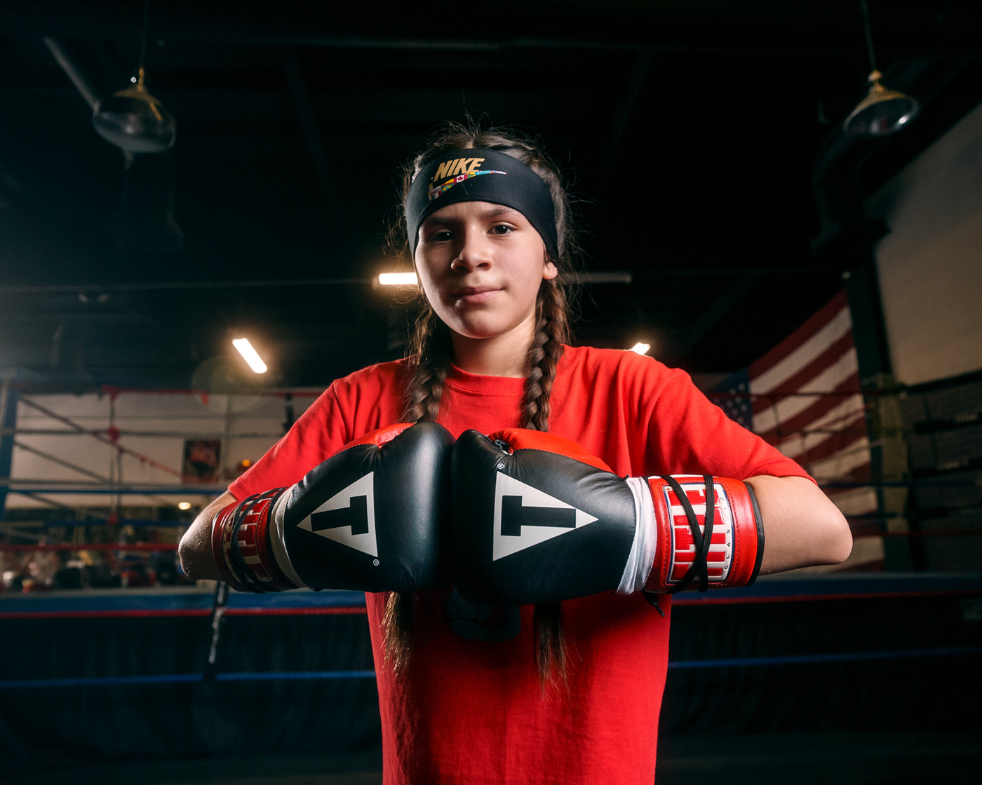 variant:Black/Red::TITLE Classic Pro Fight Gloves girl touching gloves together