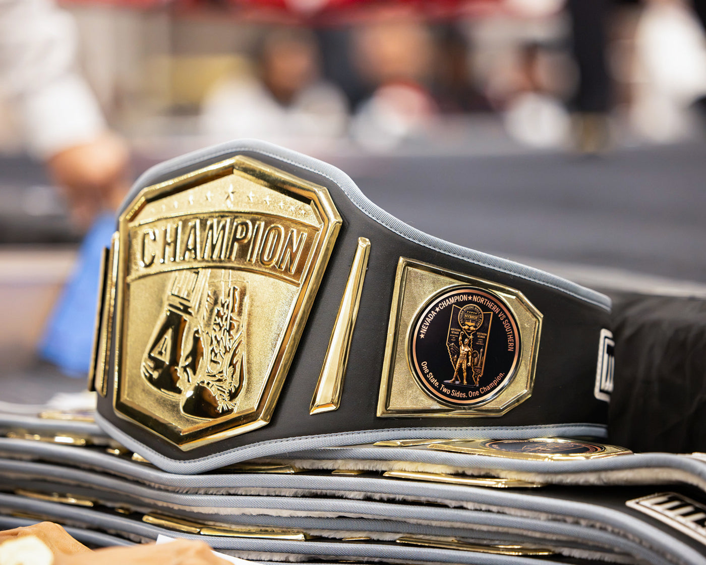 variant:lifestyle::TITLE Boxing Undisputed Championship Belt on table with other belts