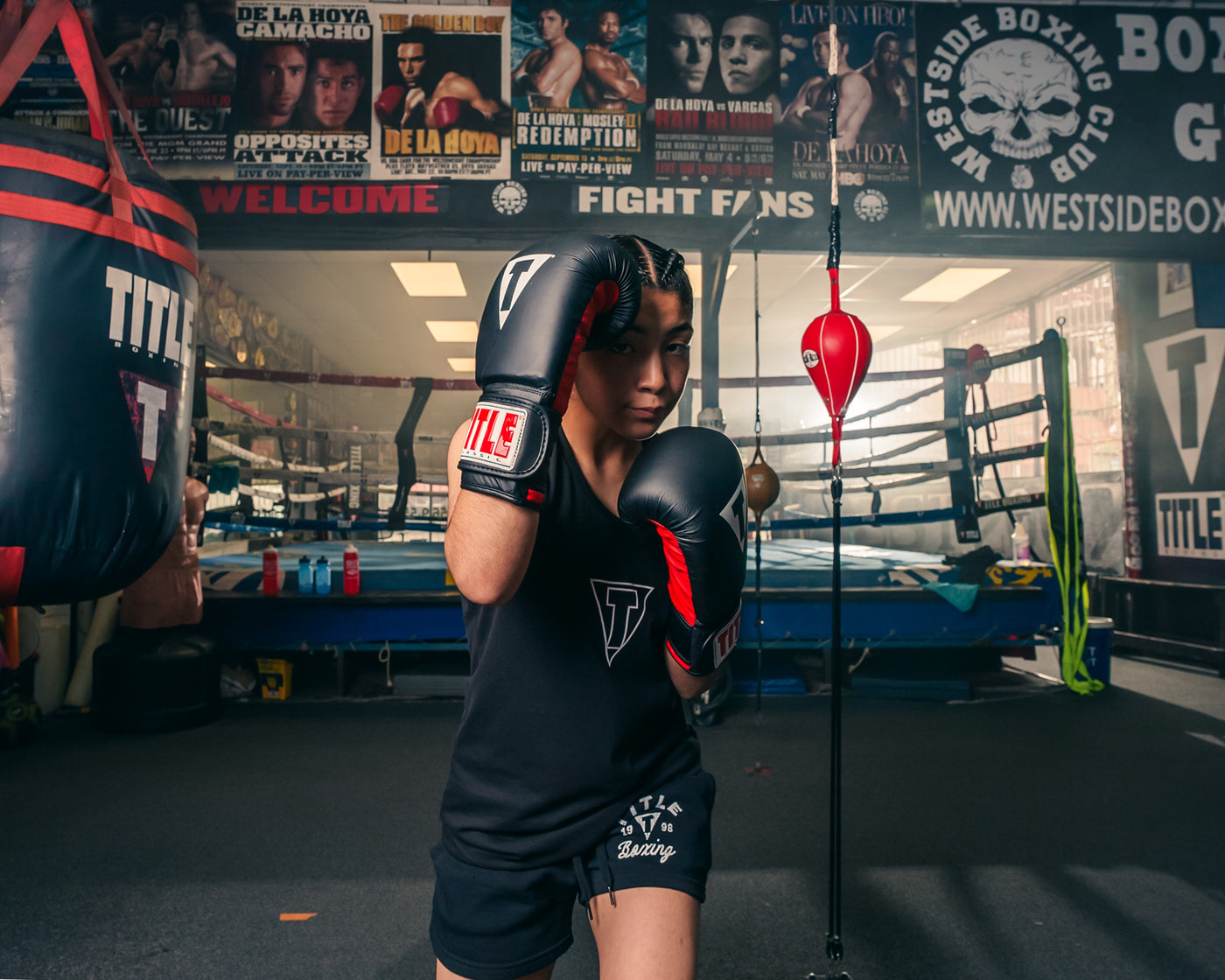 variant:Black/Red::TITLE Classic Fitness Boxing Gloves Girl posing in gloves