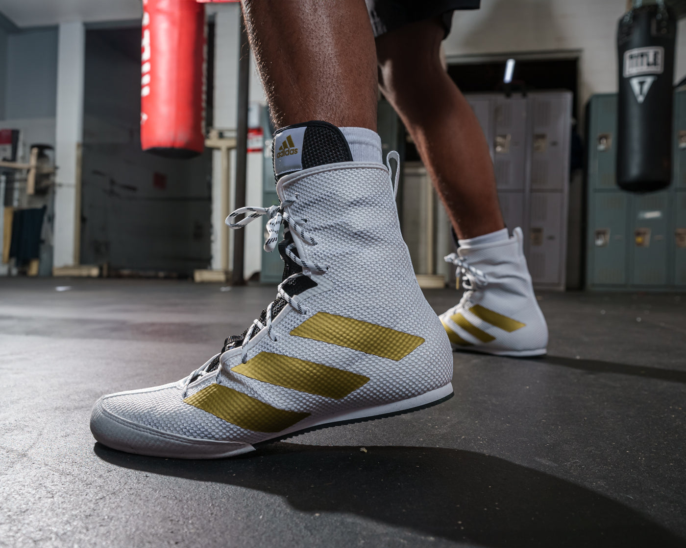 variant:White/Gold::Adidas Box Hog 3 Boxing Shoes left foot close up
