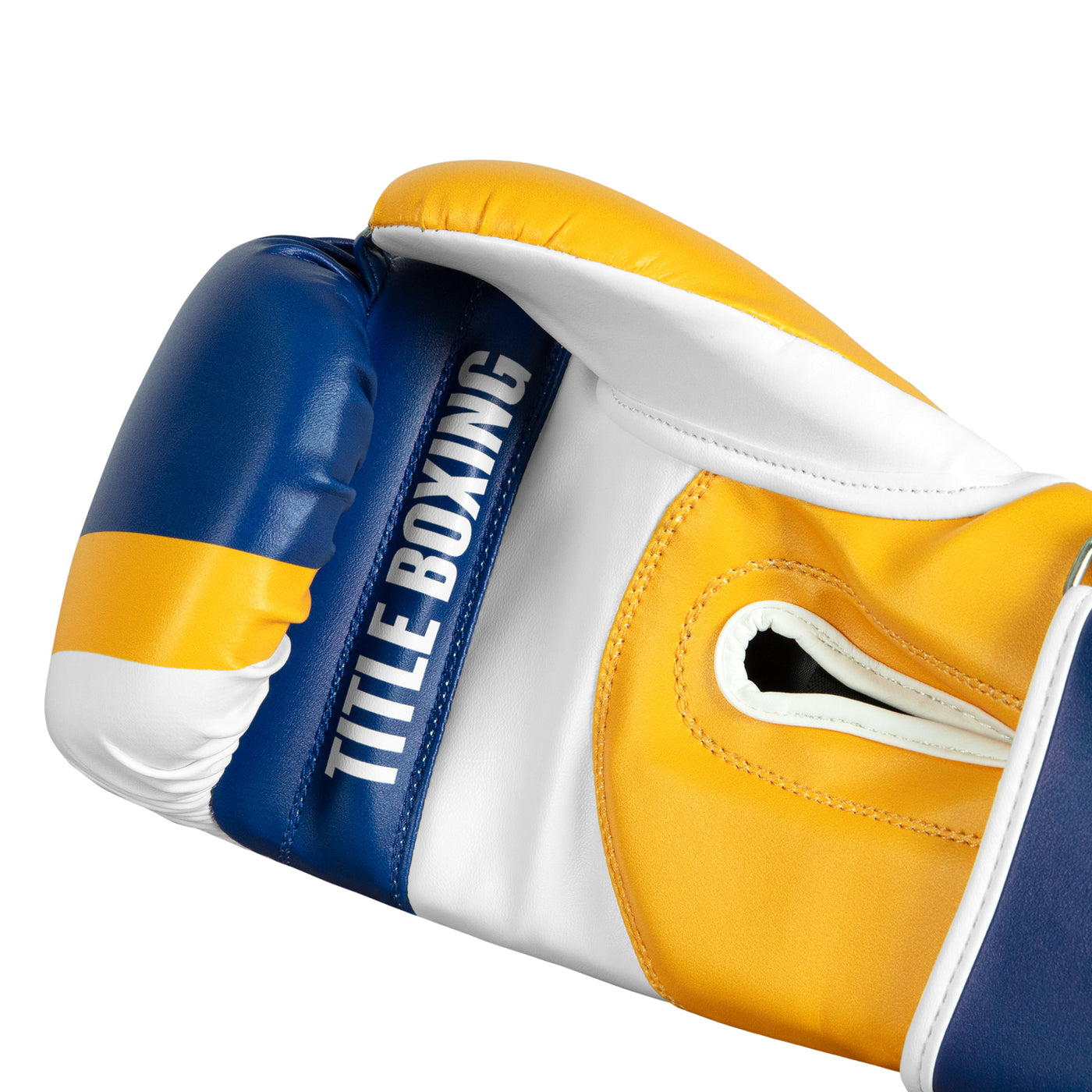 variant:Blue/Yellow/White::TITLE Boxing World Bag Boxing Gloves single glove back palm view closeup