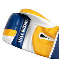 variant:Blue/Yellow/White::TITLE Boxing World Bag Boxing Gloves single glove back palm view closeup