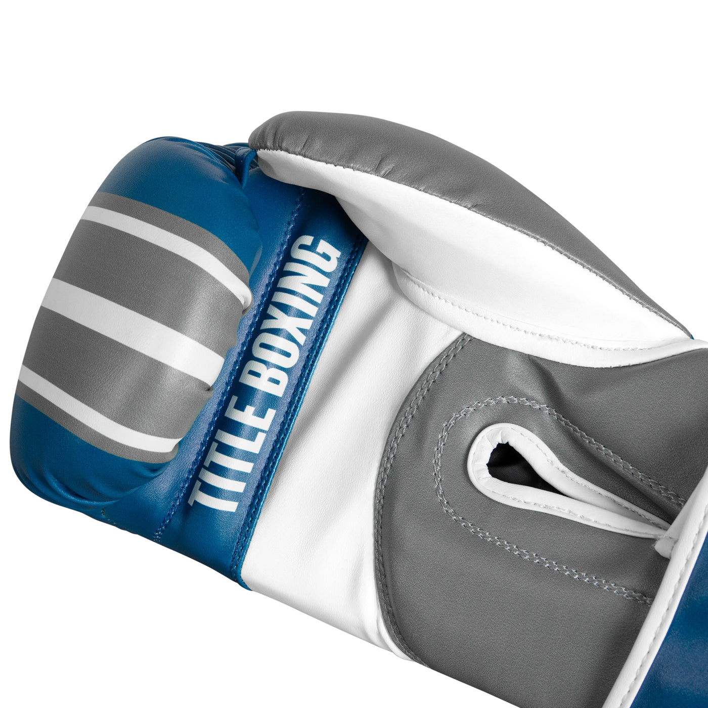 variant:Light Blue/Grey/White:: TITLE Boxing World Bag Boxing Gloves single glove view palm closeup