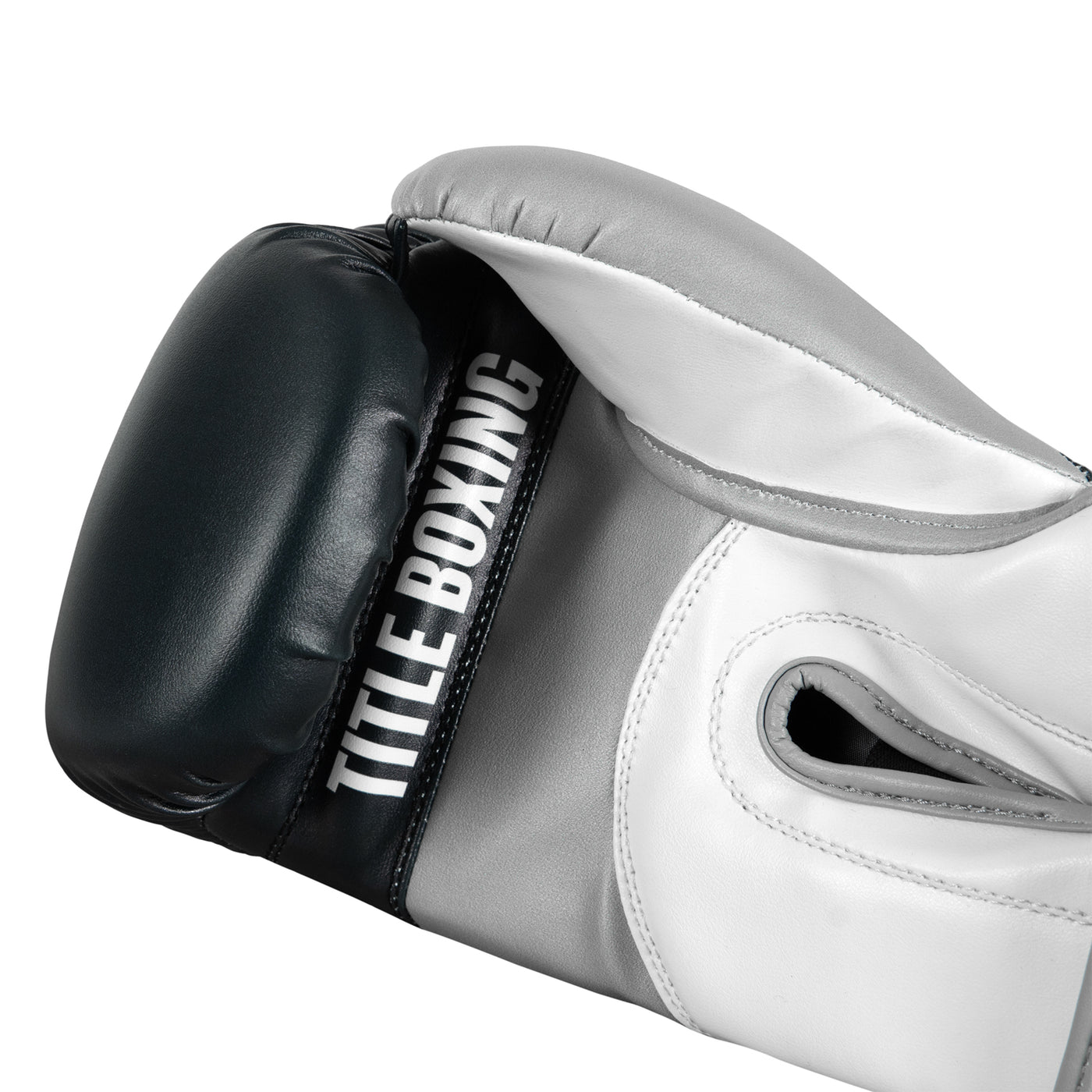 variant:Navy/Grey/White::TITLE Boxing World Bag Boxing Gloves single glove palm view closeup