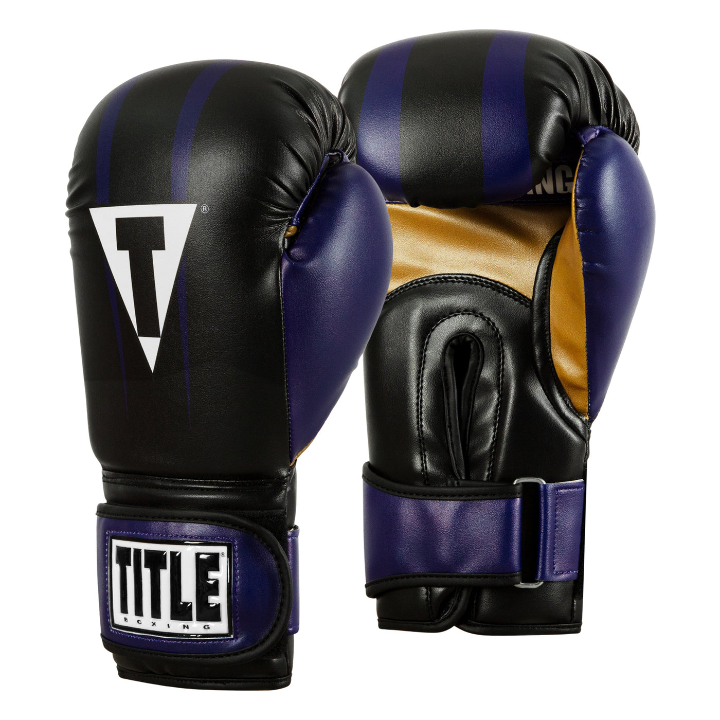 variant:Purple/Black/Gold:: TITLE Boxing World Bag Boxing Gloves side by side view