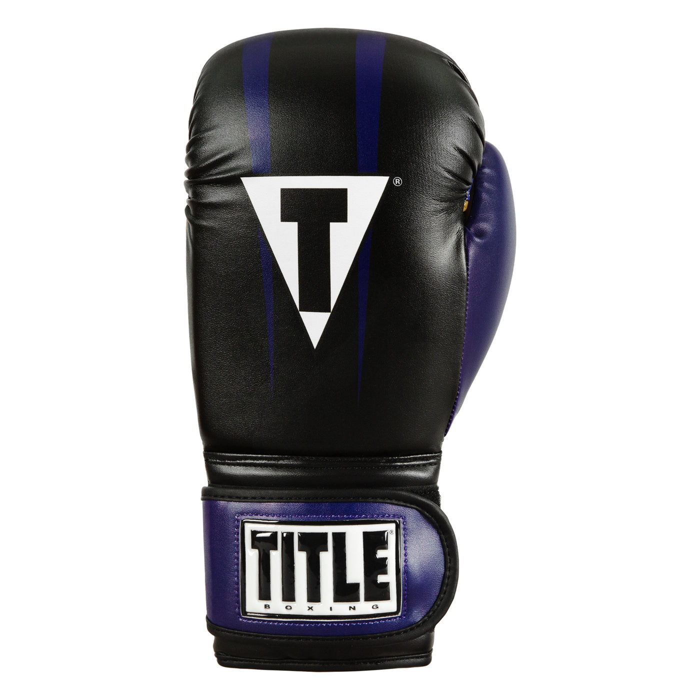 variant:Purple/Black/Gold:: TITLE Boxing World Bag Boxing Gloves single glove back view