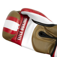 variant:Red/Gold/White:: TITLE Boxing World Bag Boxing Gloves single glove palm view closeup