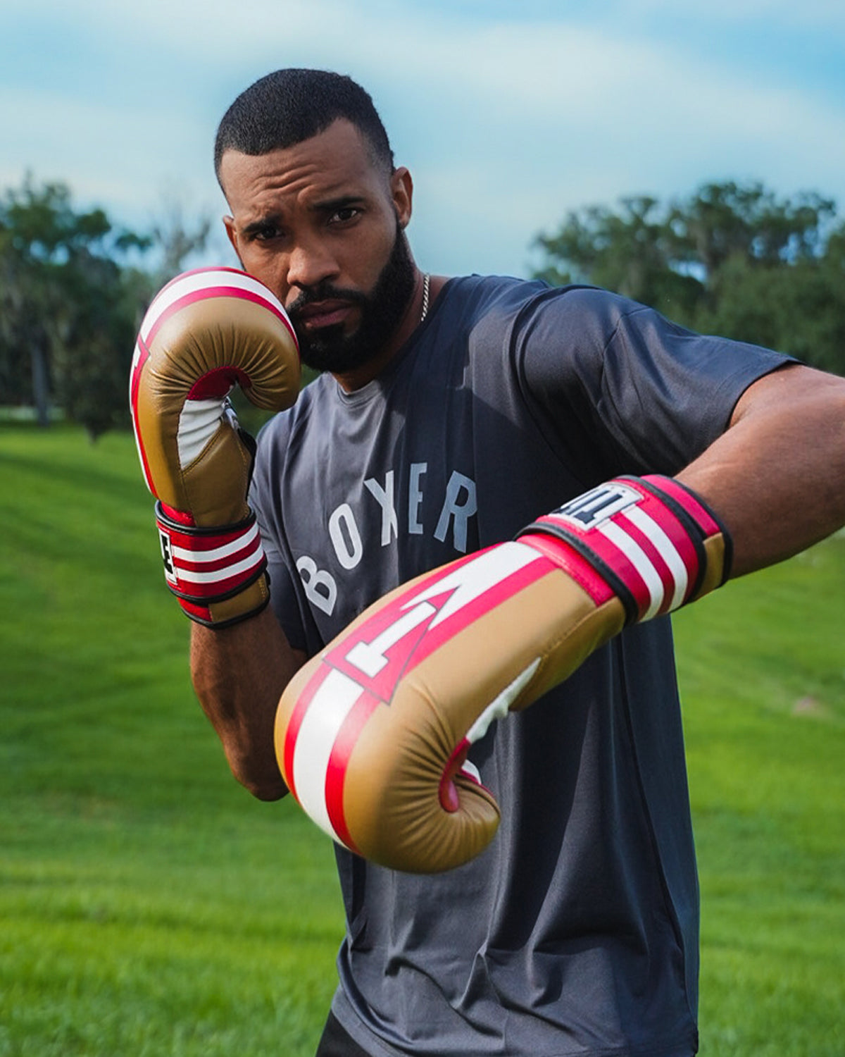 variant:Red/Gold/White::TITLE Boxing World Bag Boxing Gloves on boxer's hands in fighting stance