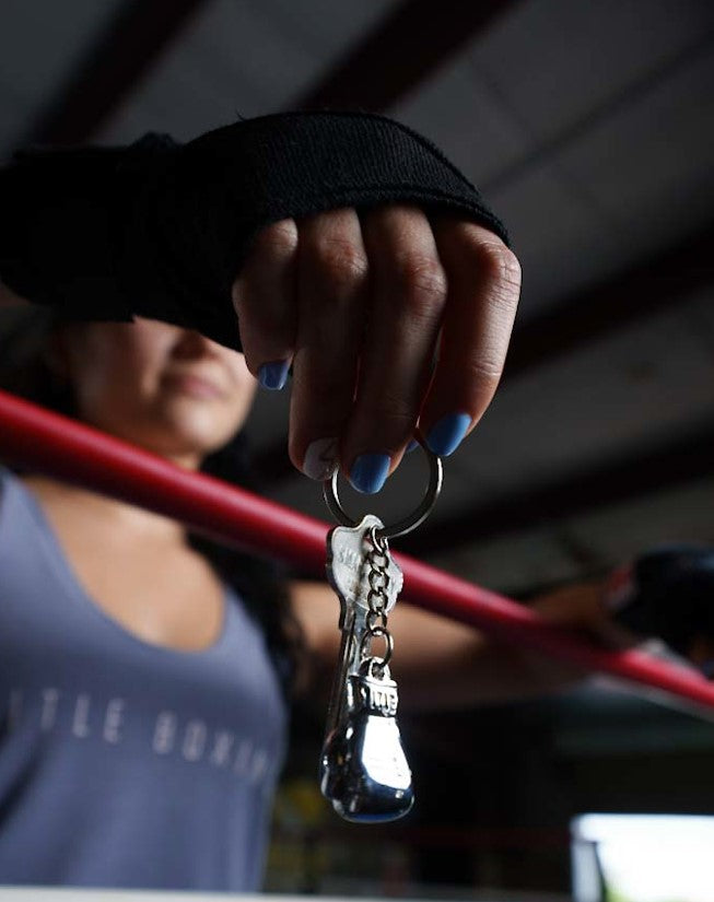 variant:silver::TITLE Boxing Luxury Glove Keyring lady holding