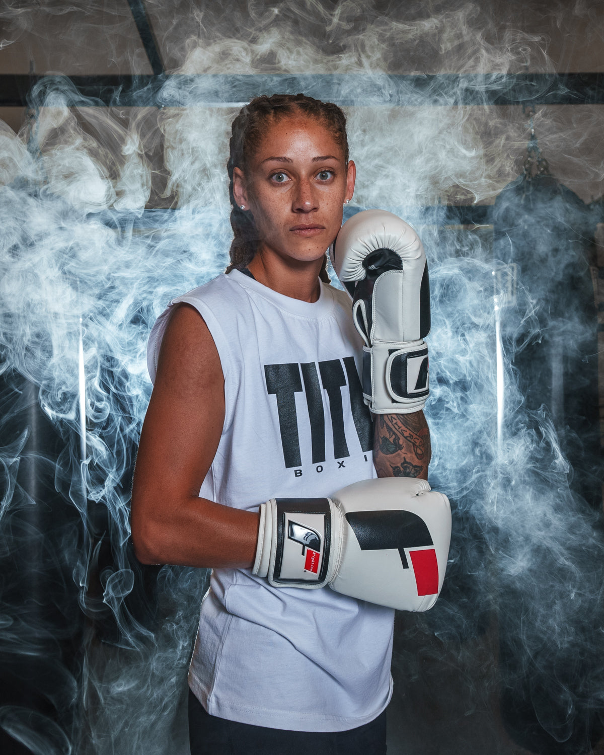 variant:white/black/red::Fighting Big Logo Boxing Gloves  girl posing