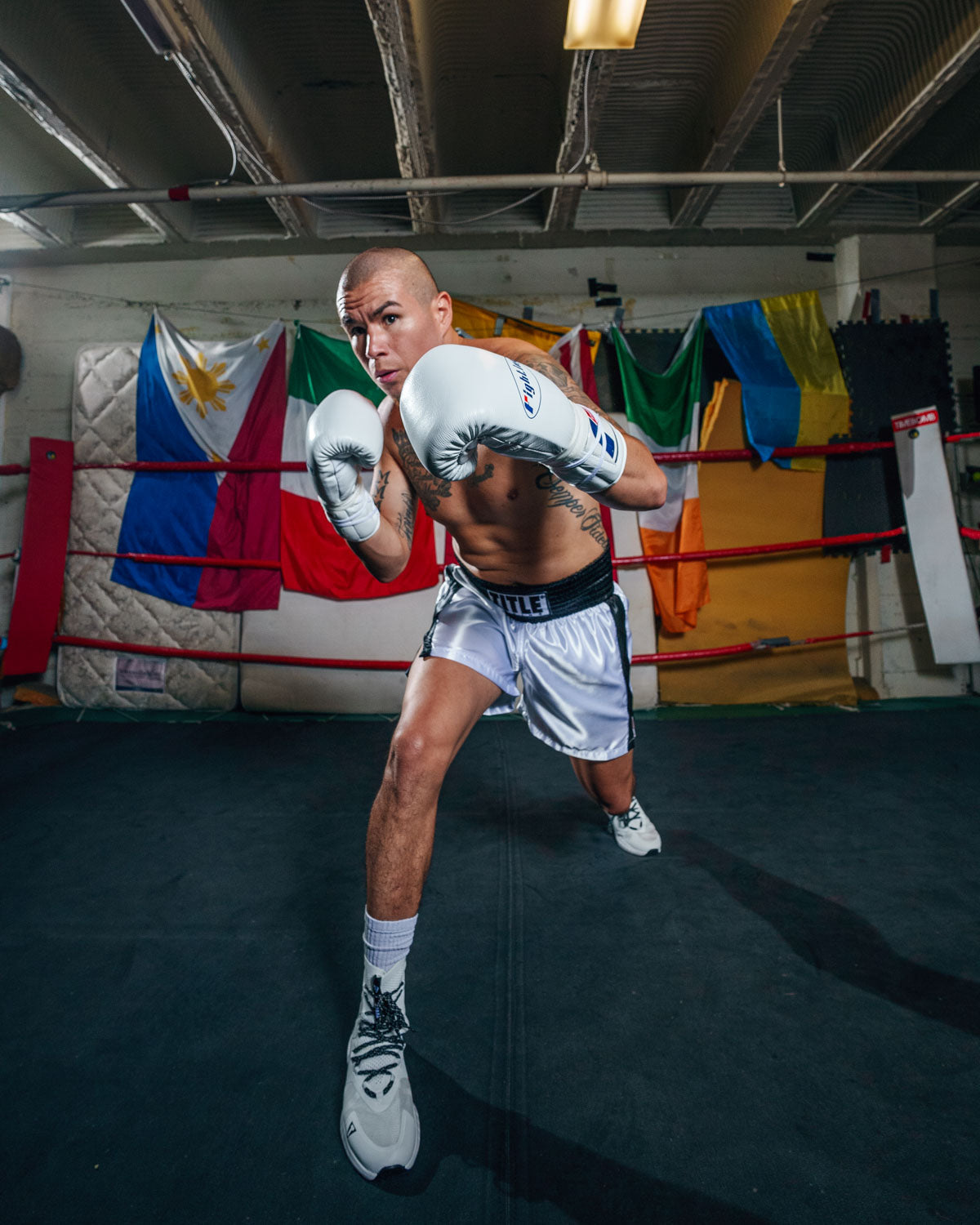 variant:White::Fighting Fearless Certified Pro Fight Gloves II guy boxing stance