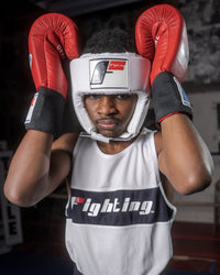 variant:white::Fighting USA Boxing Competition Open Face Headgear gloves on headgear red gloves