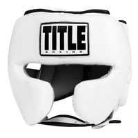 variant:white::TITLE Boxing Headgear and Groin Protector Bundle white headgear front view