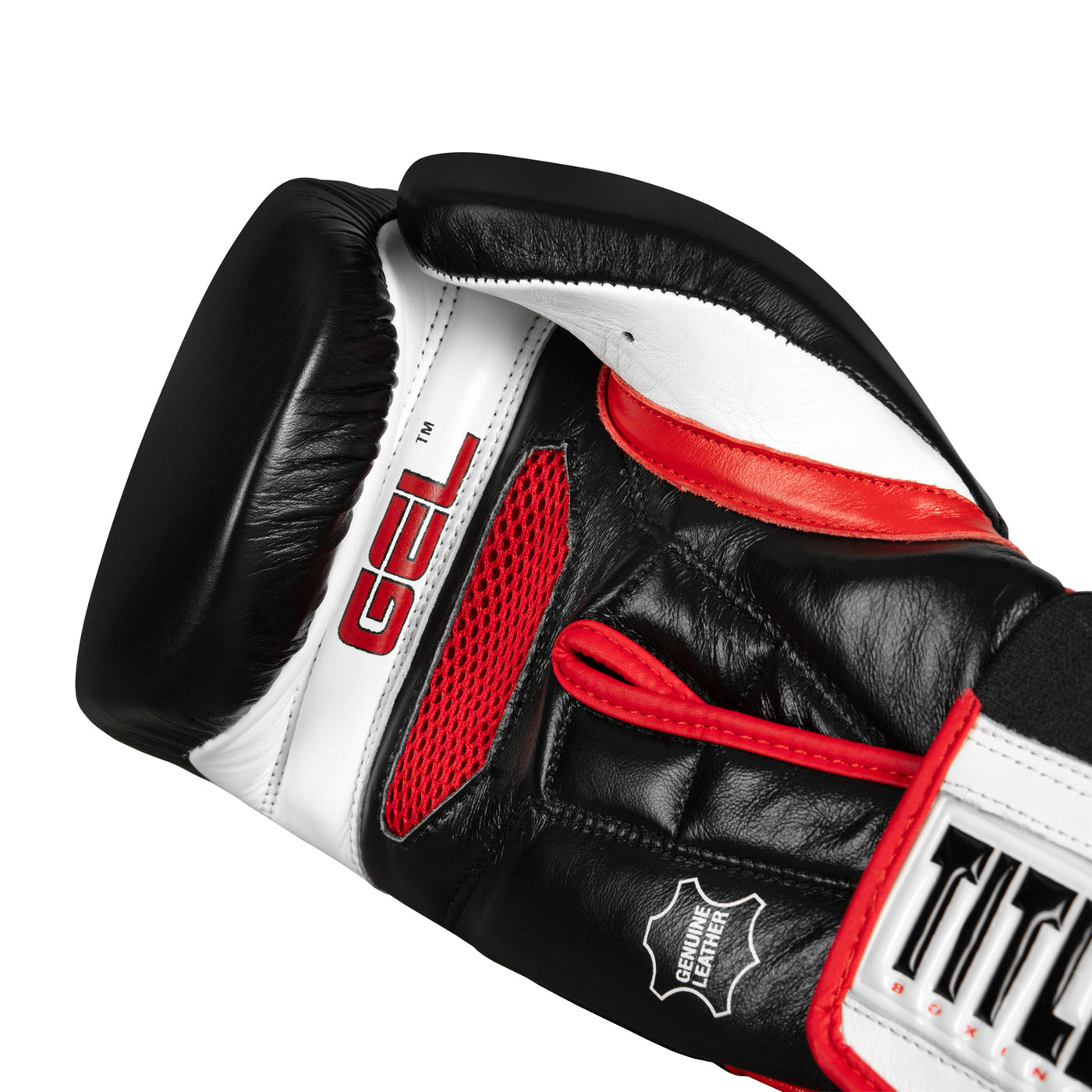 variant:lifestyle::TITLE Boxing Gel Generation Leather Bag Gloves single glove palm view closeup