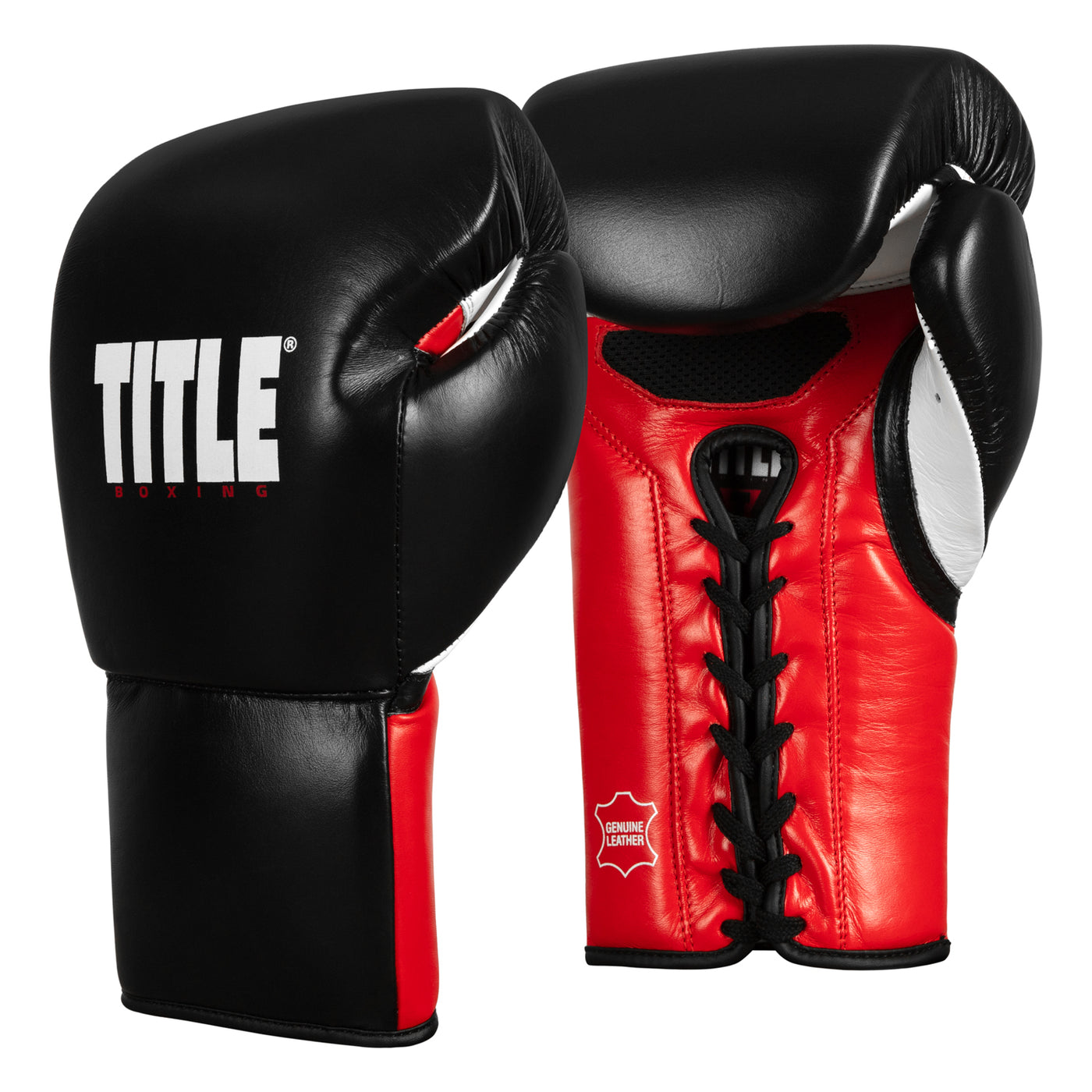 variant:Black/Red::TITLE Boxing Gel Generation Leather Lace Sparring Gloves side by side view