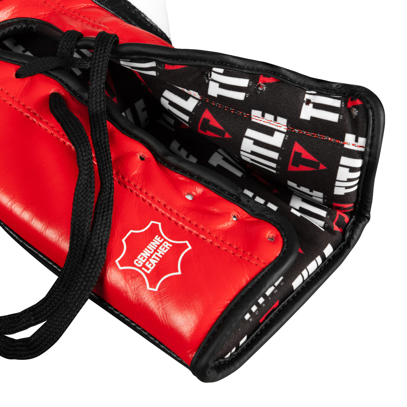 variant:Black/Red::TITLE Boxing Gel Generation Leather Lace Sparring Gloves single glove lace closure closeup