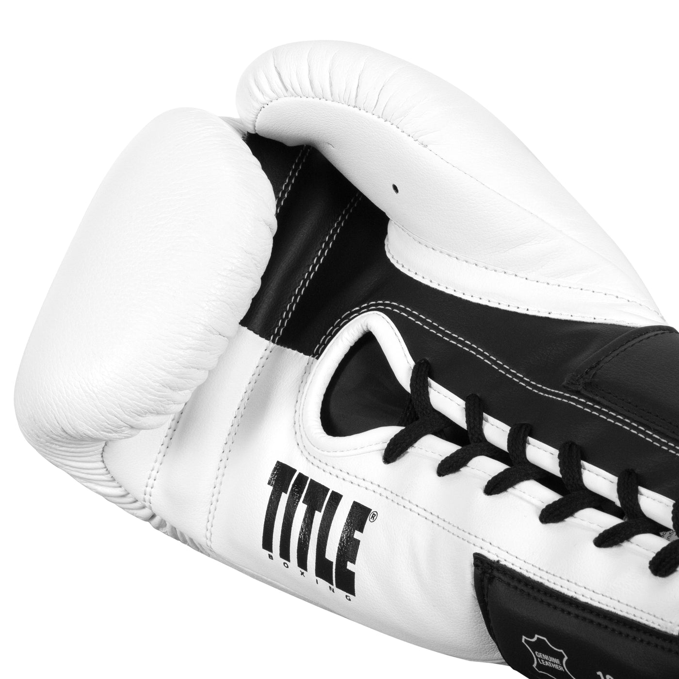 variant:white/black::TITLE Boxing Great Official Pro Fight Gloves palm view