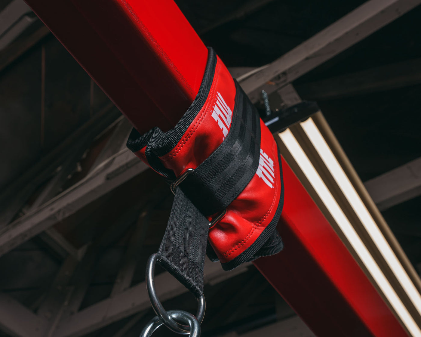 variant:lifestyle::TITLE Boxing Universal Heavy Bag Hanger view from underneath on a beam