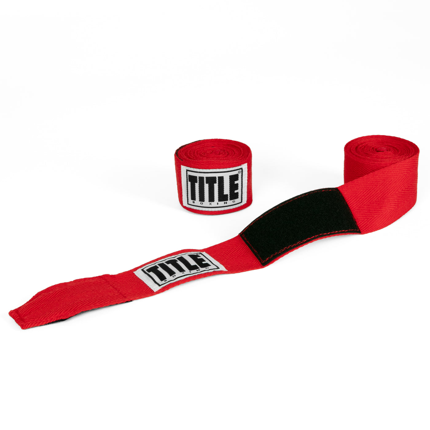variant:red::TITLE Boxing Traditional Weave 180" Hand Wraps pair view with one wrap unrolled
