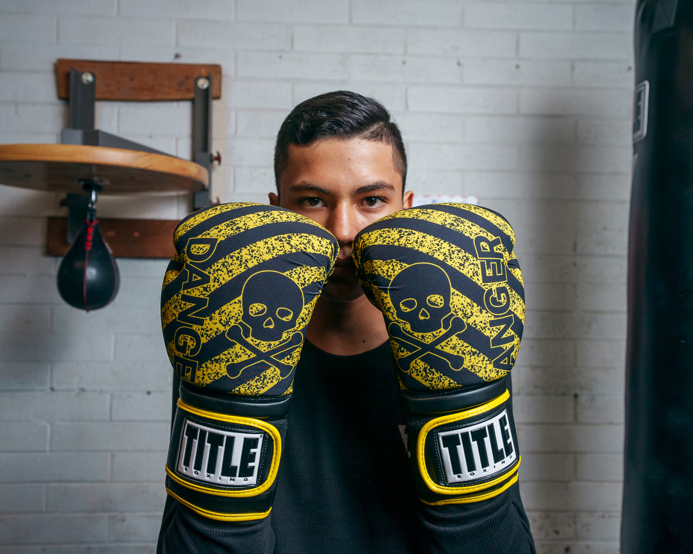 variant:black/yellow::TITLE Boxing Infused Foam Danger Bag Gloves kid hands up