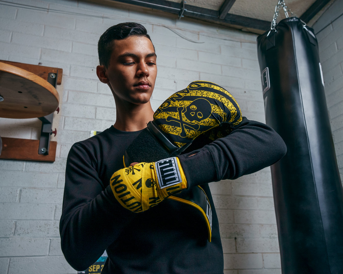 variant:black/yellow::TITLE Boxing Infused Foam Danger Bag Gloves  kid one glove and one handwrap