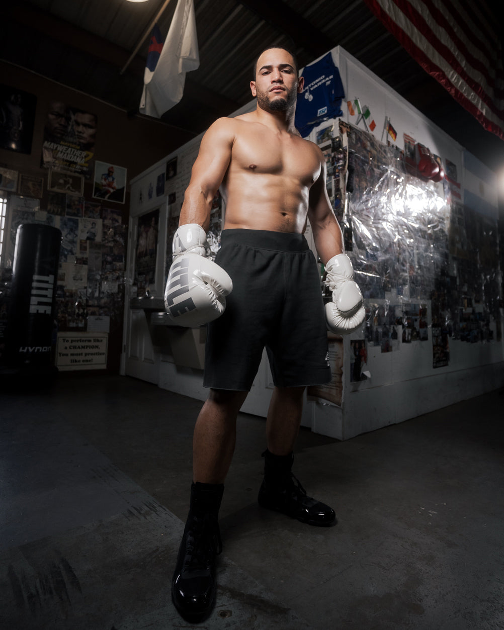 variant:White::TITLE Boxing Inferno Intensity Lace Training Gloves hands down boxing stance