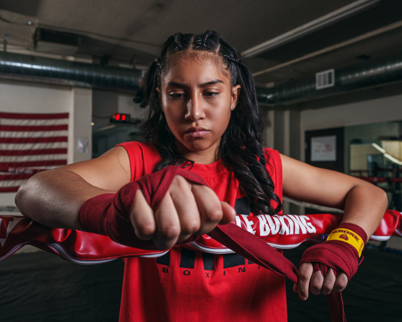 varaint:red::KRONK Boxing Gym Hand Wraps girl putting on wraps