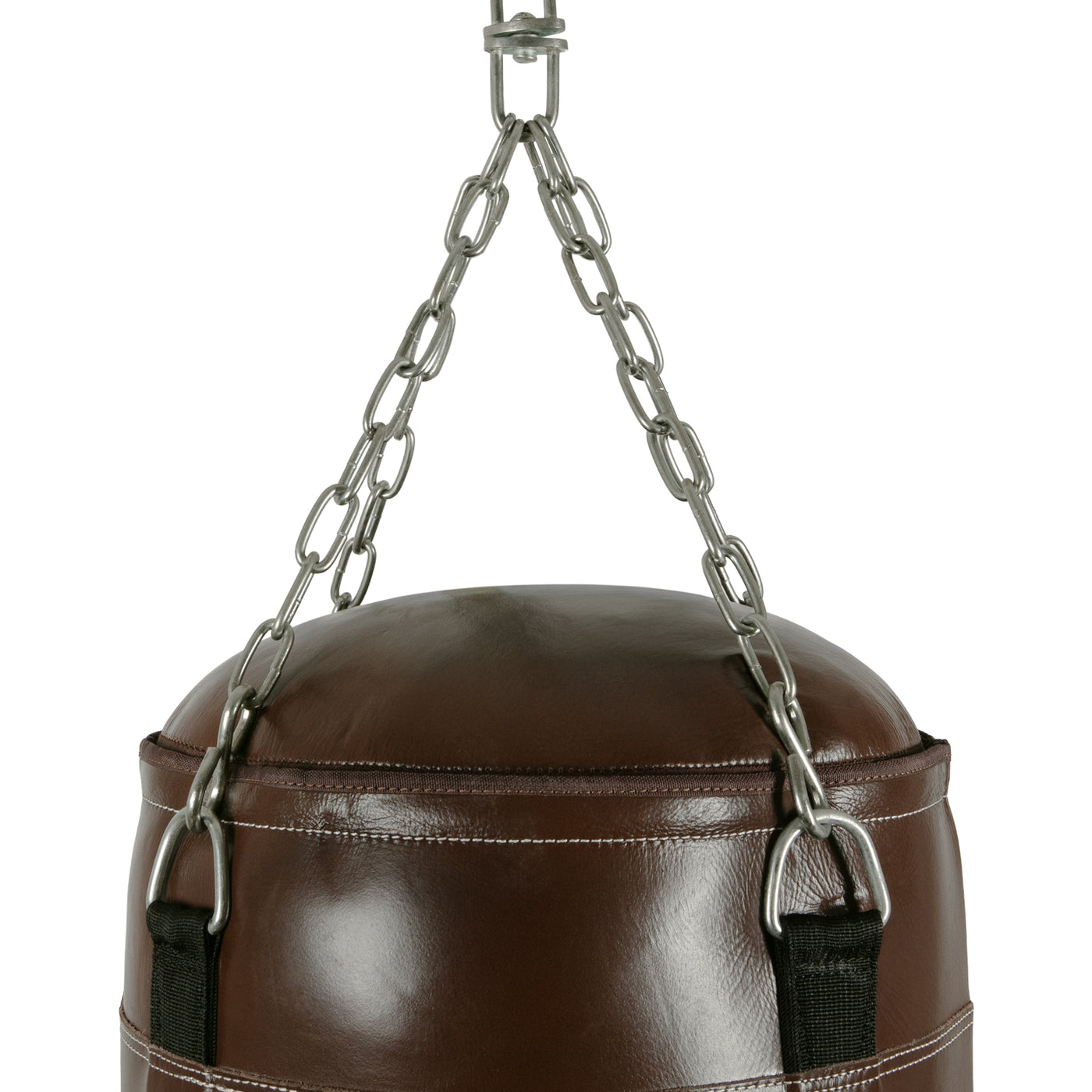 variant:brown::TITLE Boxing KO-Vert Leather Heavy Bag closeup of chains