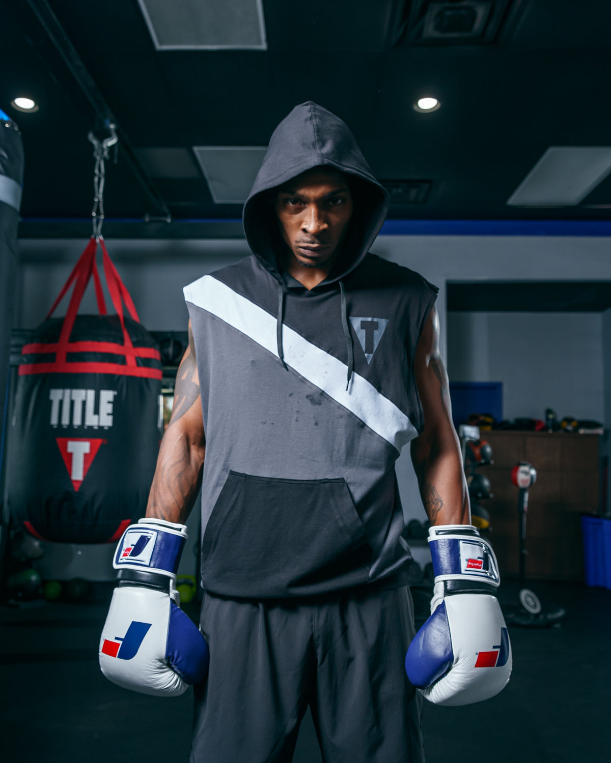 variant:black/grey::TITLE Boxing Split Combat Sleeveless Hoodie guy hood up  hands down