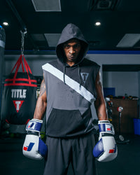 variant:black/grey::TITLE Boxing Split Combat Sleeveless Hoodie guy hood up  hands down