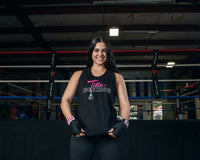 variant:black::TITLE Boxing Chic Script Women's Tank girl showing tank infront of ring