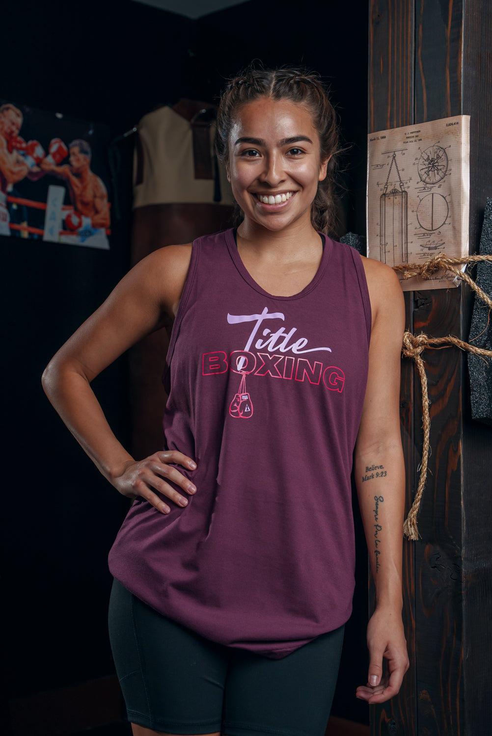 variant:purple::TITLE Boxing Chic Script Women's Tank lady in tank
