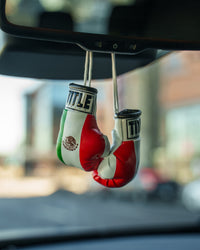 variant:mexico::TITLE Boxing 3.5” Mini Boxing Gloves hanging rearview mirror