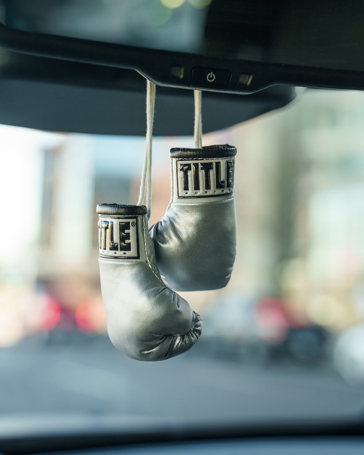 variant:silver::TITLE Boxing 3.5” Mini Boxing Gloves hanging rearview mirror