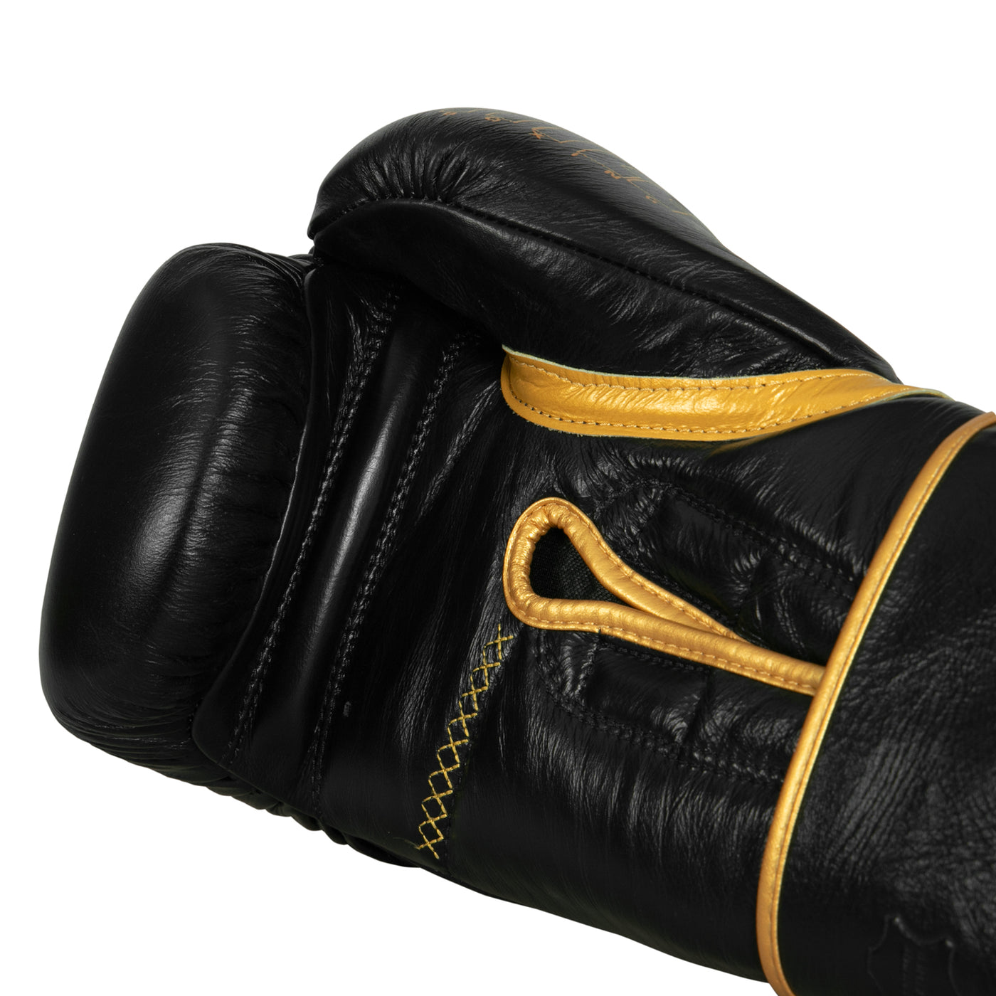 variant:black/gold::TITLE Boxing Momentum Pro Bag Gloves single glove palm view closeup