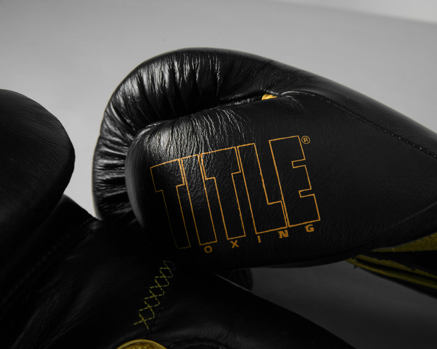 variant:black/gold::TITLE Boxing Momentum Pro Bag Gloves closeup of logo on thumb