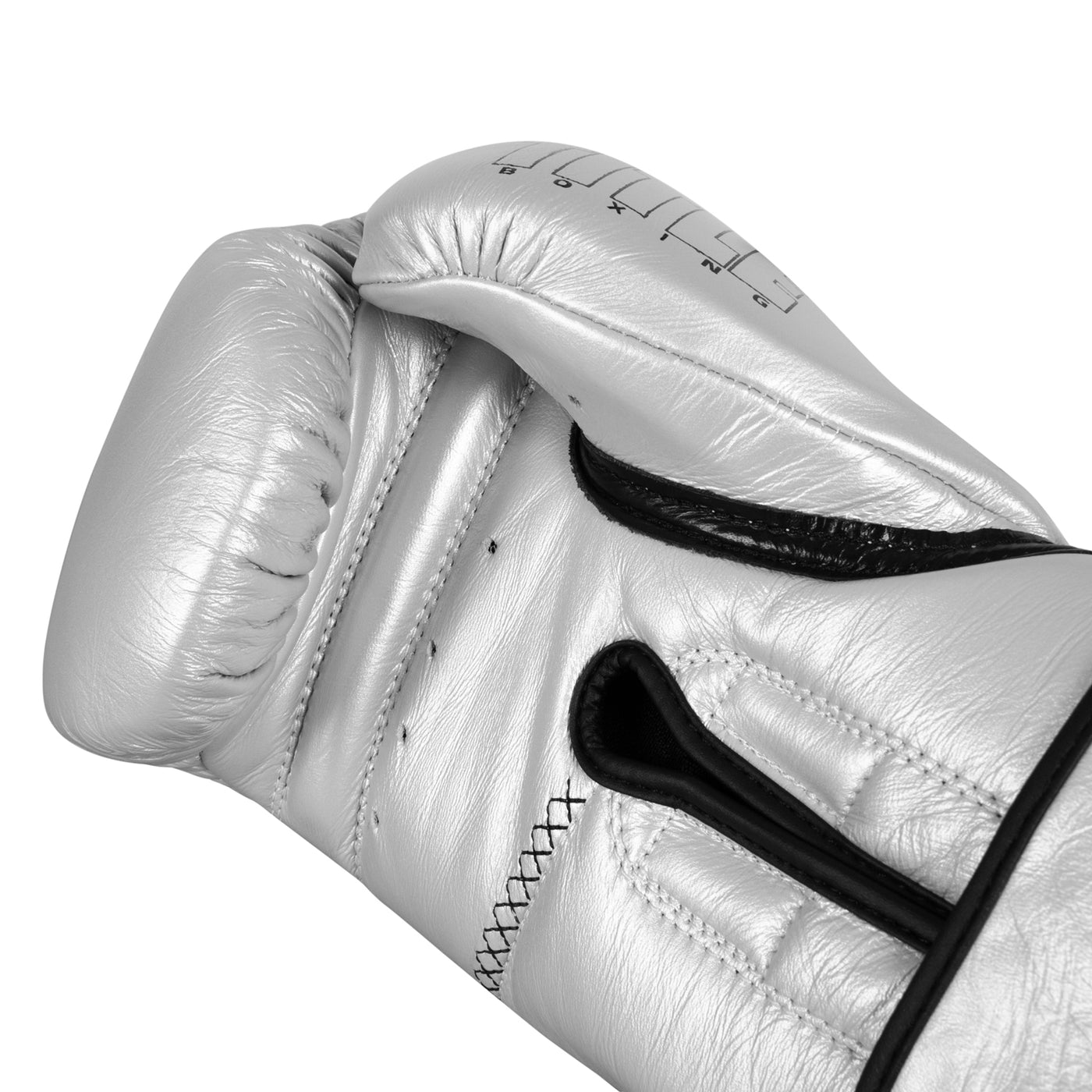 variant:silver/black::TITLE Boxing Momentum Pro Bag Gloves single glove palm view closeup