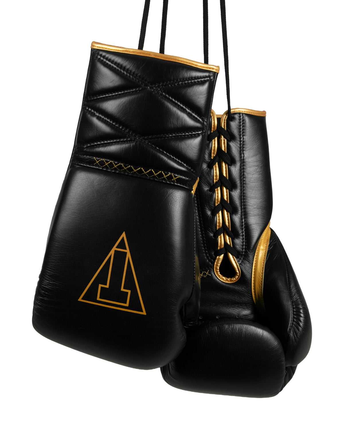 variant:black/gold::TITLE Boxing Momentum Pro Sparring Gloves hanging by laces